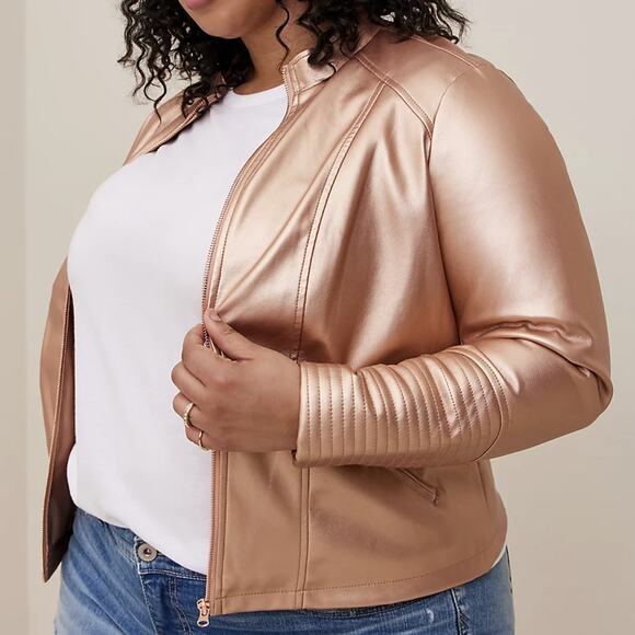 Torrid Rose Gold Jacket - Pink Metallic Zip Moto Faux Leather 0X Large Vegan - Picture 2 of 11